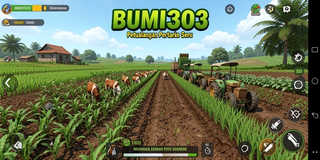 Screenshot menunjukkan gameplay BUMI303 dengan petakan pertanian yang rimbun.