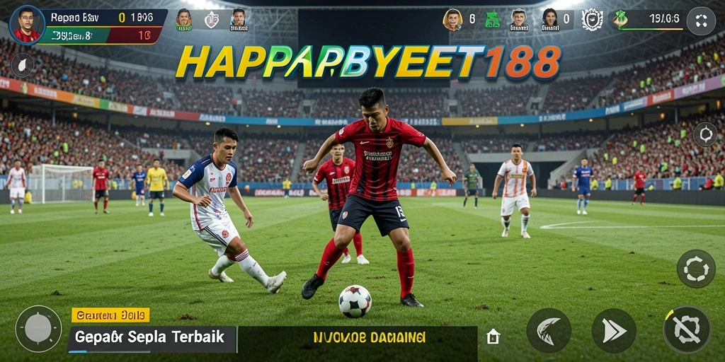 Tampilan gameplay seru dalam aplikasi HAPPYBET188 yang penuh aksi sepak bola.
