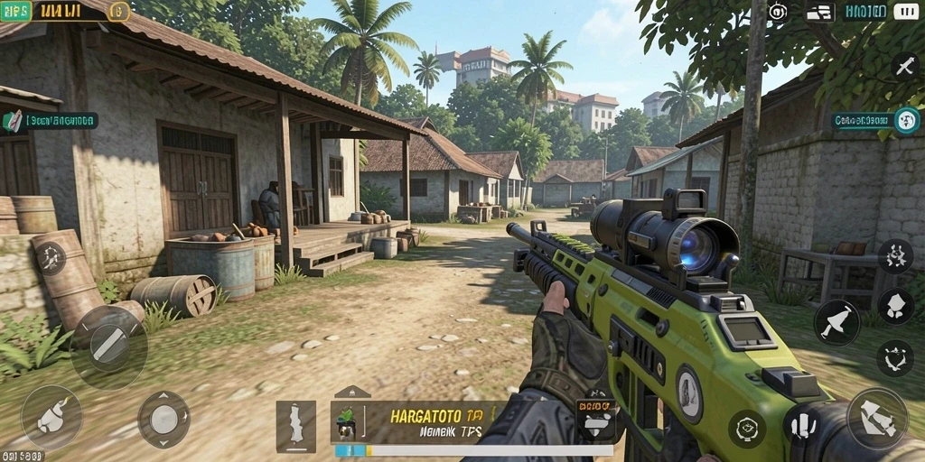Screenshot utama HARGATOTO menampilkan aksi gameplay seru dalam pertempuran TPS.