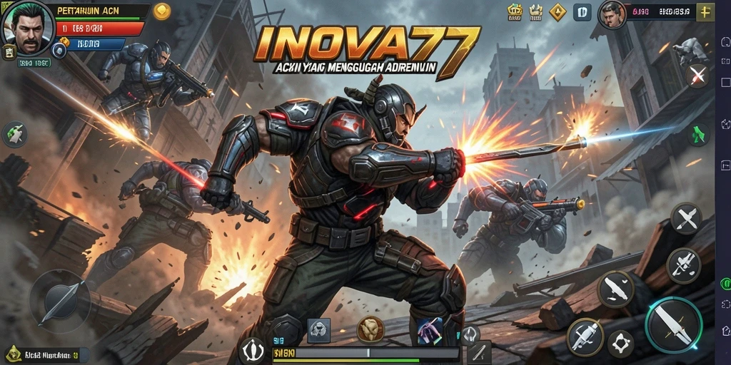 Tangkapan layar gameplay <strong>INOVA77</strong> menampilkan pertempuran intens di arena.