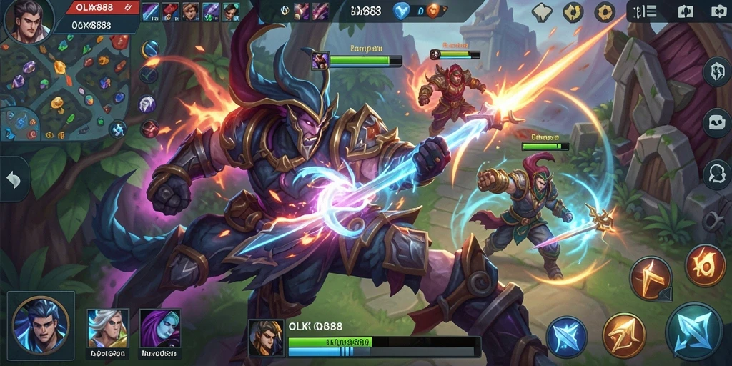 Screenshot menunjukkan pertarungan epik dalam game MOBA OLX888.