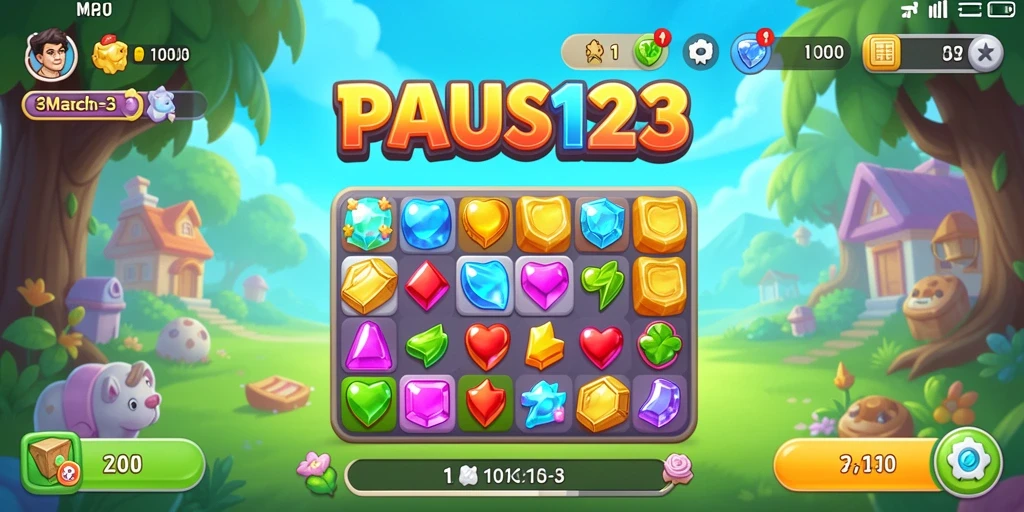 Screenshot gameplay PAUS123 dengan perlombaan mencocokkan permata.