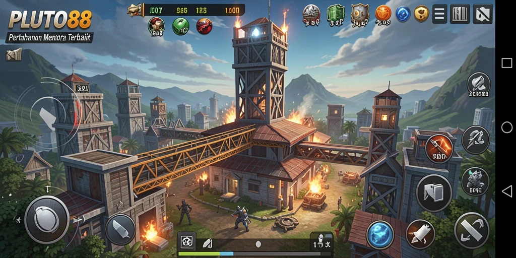Tangkapan layar gameplay PLUTO88 menampilkan aksi menara pertahanan melawan gelombang musuh.