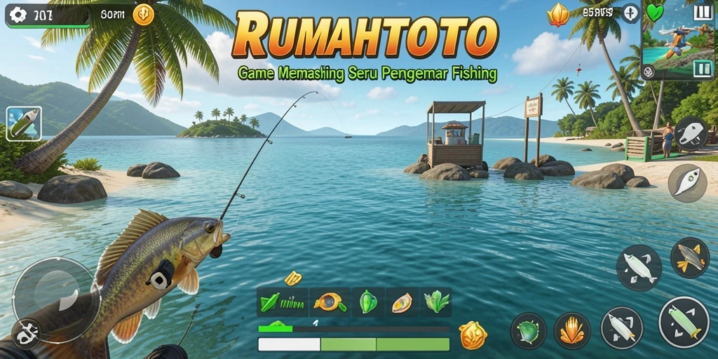 Screenshot utama RUMAHTOTO menampilkan pengalaman memancing yang seru.